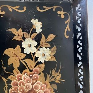 Vintage Nashco Hand Painted Metal Tole Tray Black Gold Grapes/Flowers 22.5 X 12